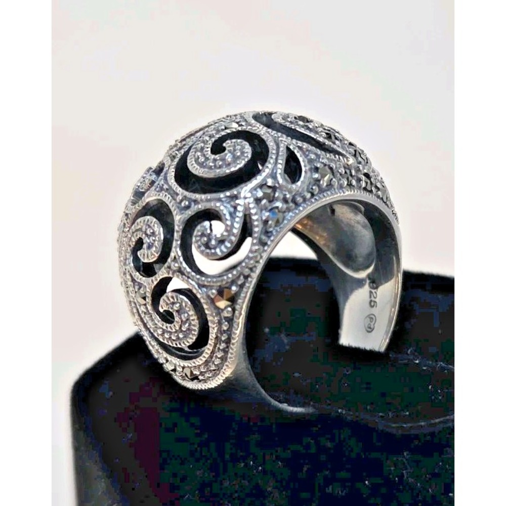 Marcasite Dome Sterling Silver Filigree Ring‎ Sz 5 - Picture 5 of 6